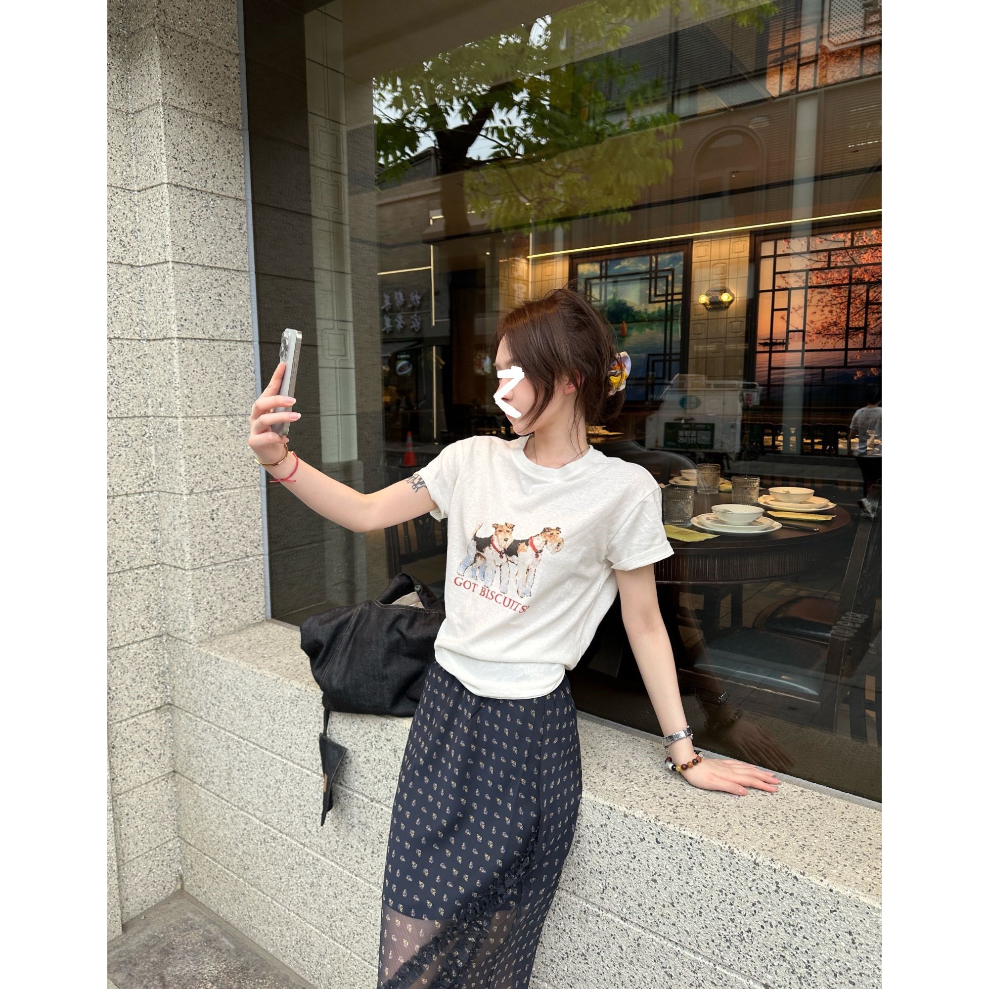 MAXINRUI 【亚麻小狗t】25ss夏季减龄显瘦时尚百搭印花短袖RRT25112