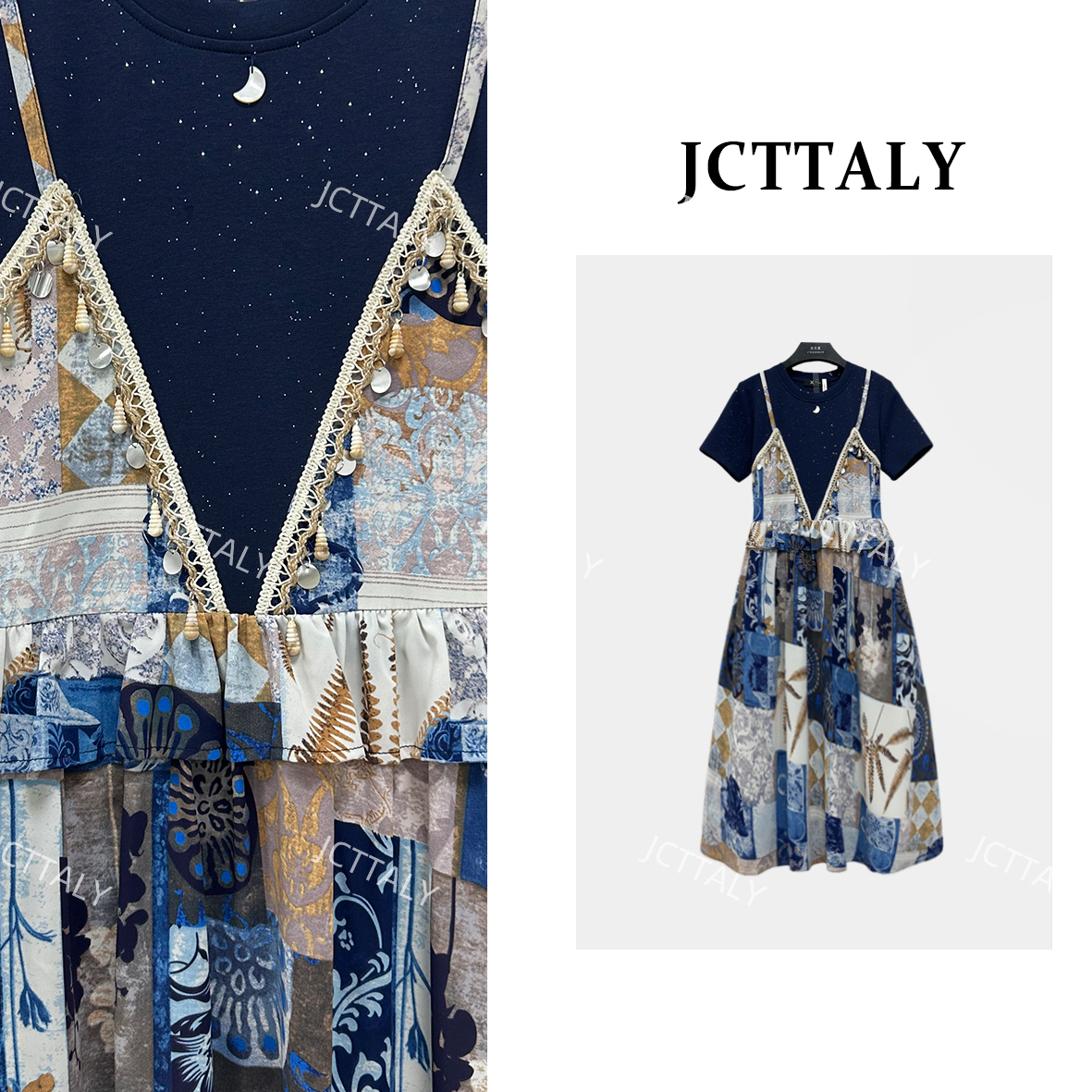 【linda】【79】法式印花蕾丝显瘦复古气质假两件连衣裙NH-A352