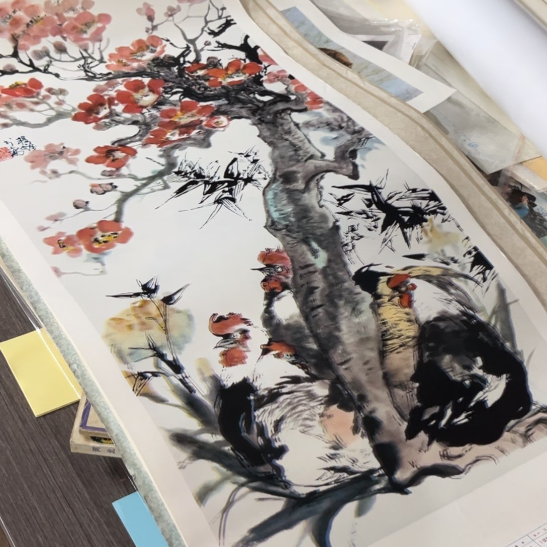 舒***恋梅花鸡图年历画民宿装饰