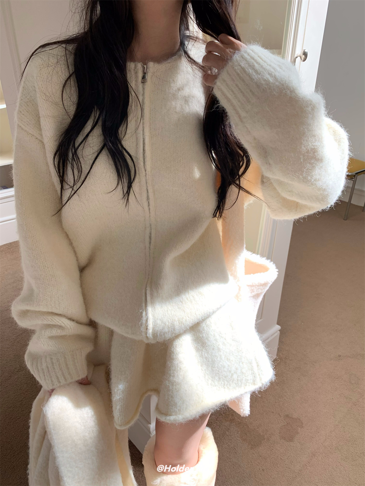 秋冬新款韩版宽松慵懒风拉链针织开衫外套高腰显瘦半身裙毛衣套装