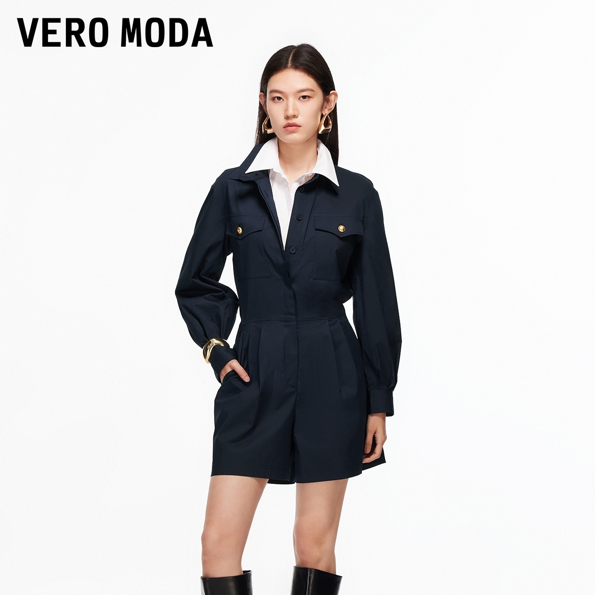 Vero Moda连体裤含棉翻领压褶纯色连体短裤老钱风流光风百搭洋气