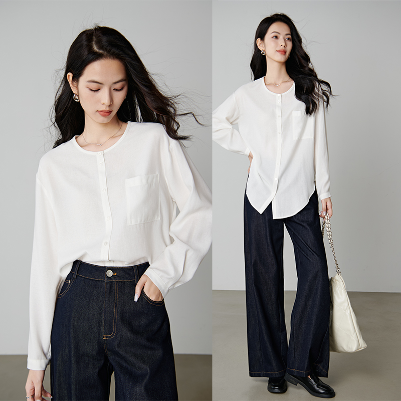 【新品】2025文艺衬衫圆领亚麻衬衫女25071730