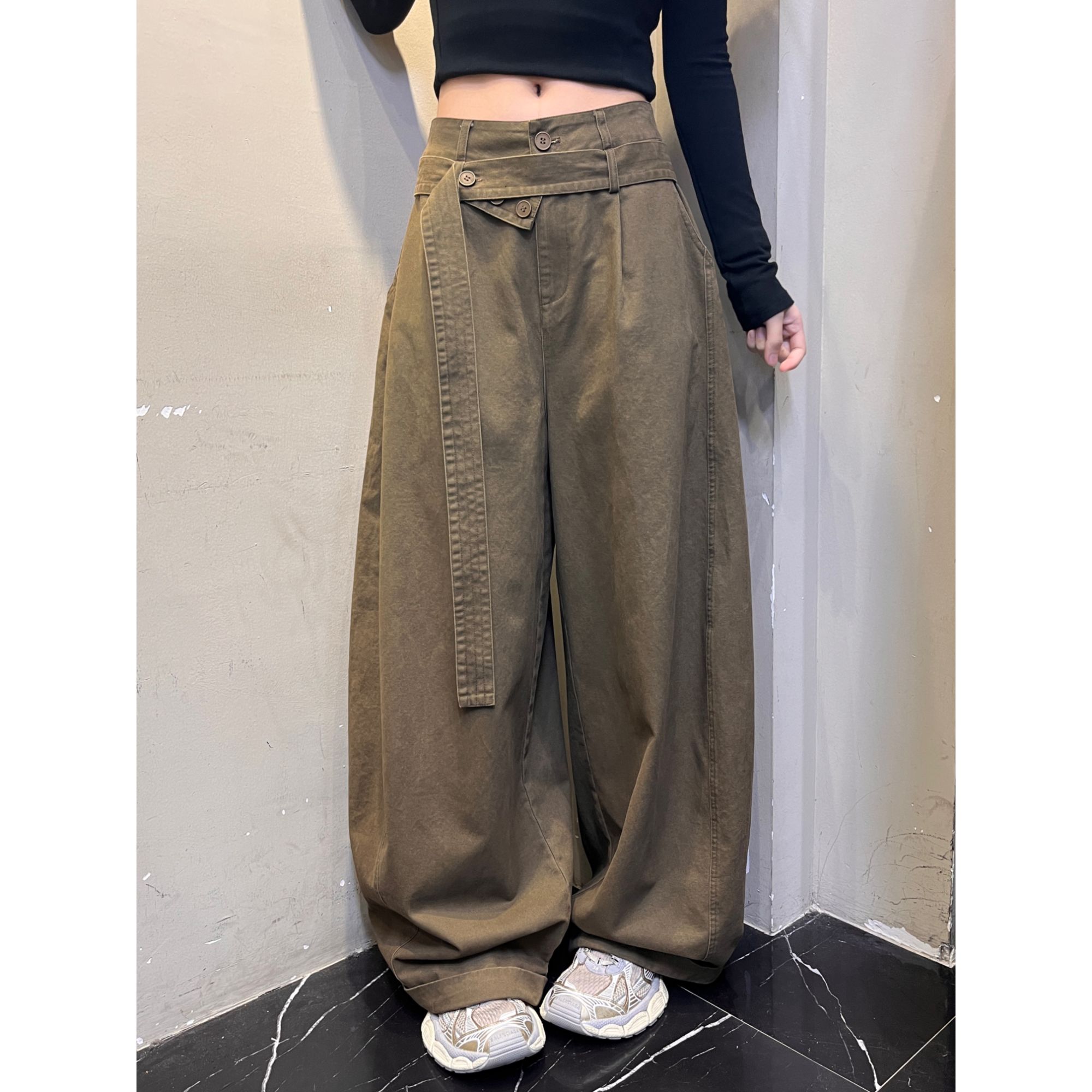 凡Fan【曼彻交錯】秋季裤脚翻边带飘带设计慵懒垂感宽松拖地裤