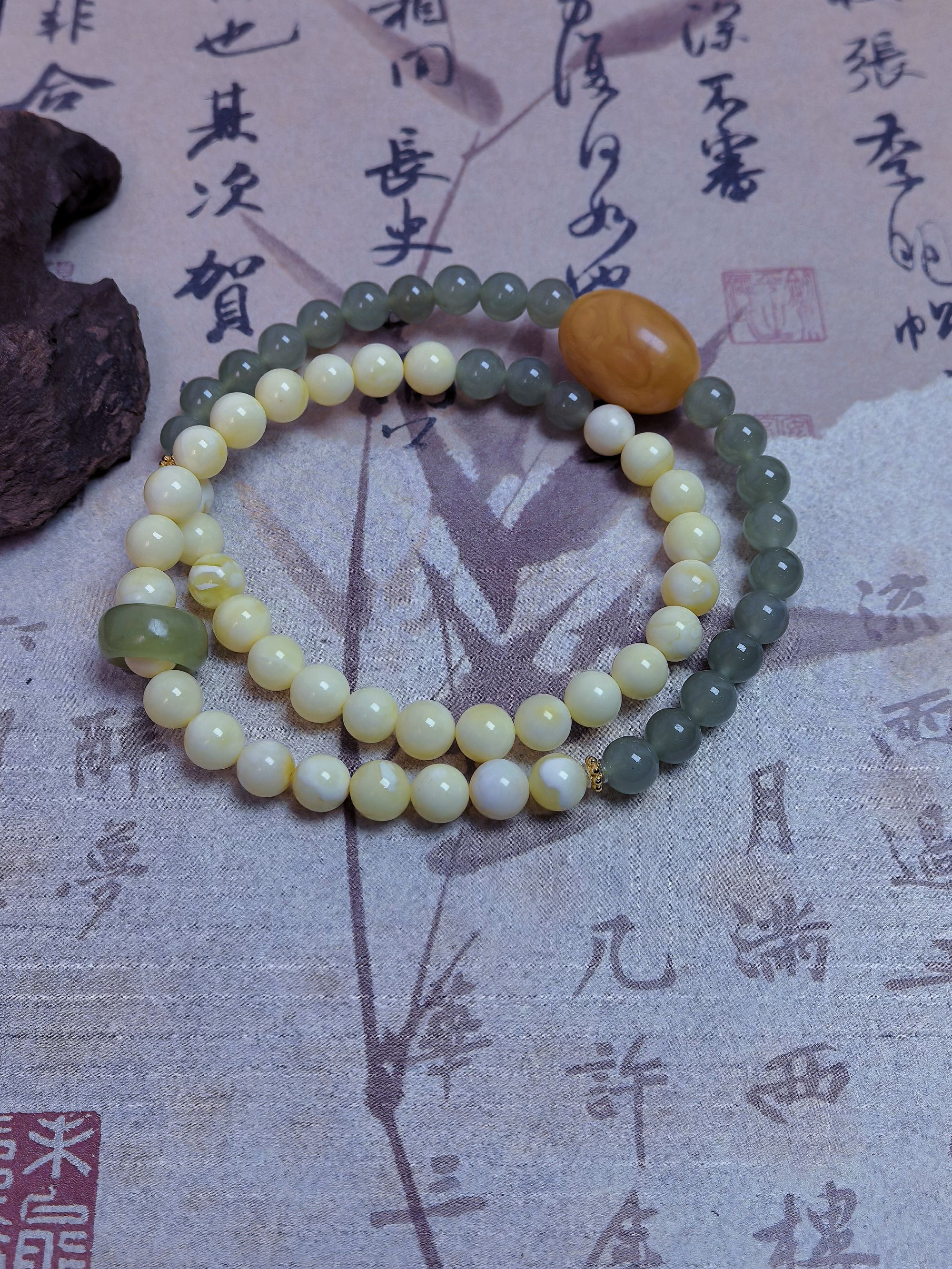 【此诺.全家欢】原矿天然蜜蜡 枣珠 和田玉晴水双圈跑环 卡6mm