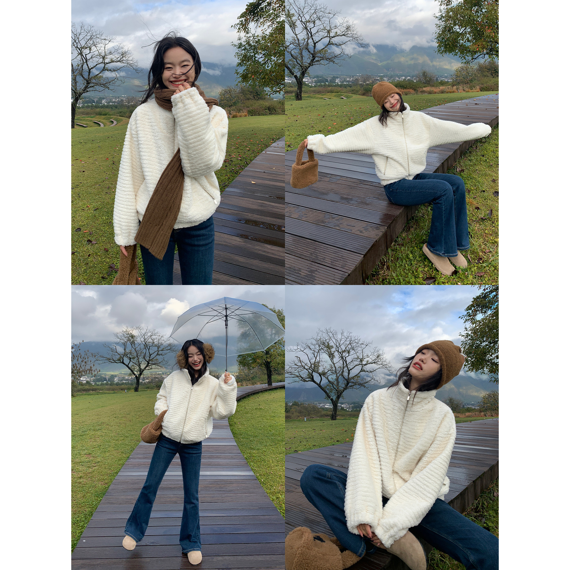 pusumede 宽松保暖环保仿皮草女休闲立领开衫毛毛外套PSW21670-D