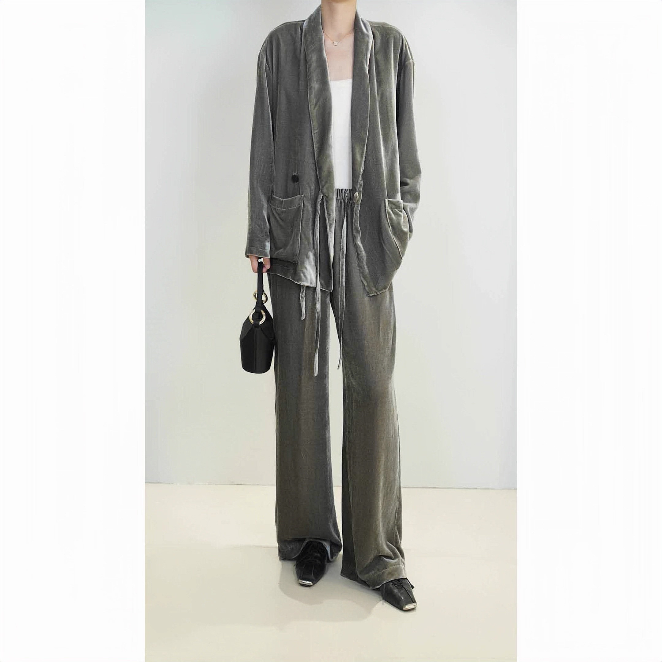 观秋 原创设计丝绒套装松弛开衫禅意落肩长袖上衣裤子