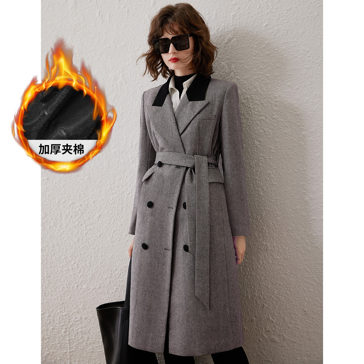 白鹿语冬气质通勤撞色拼接翻领长款大衣夹棉加厚女式棉服ZBX10042