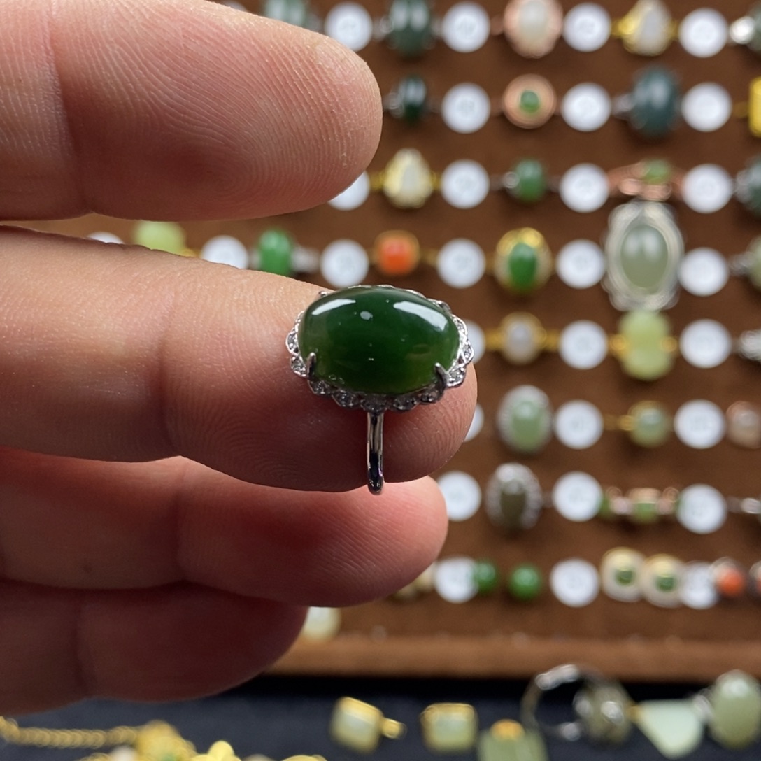 和田玉（碧玉）戒指银S925镀金镶嵌