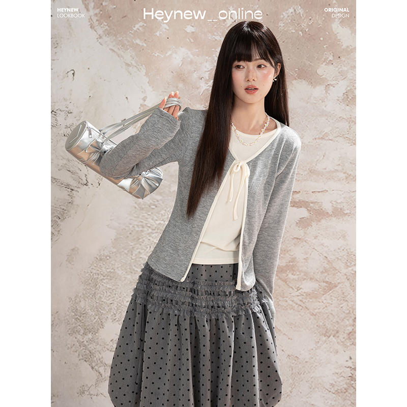 【白开水穿搭】韩系撞色圆领蝴蝶结宽松休闲系带假两件上衣5Q264