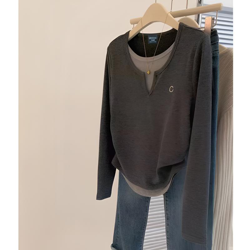 9032#灰色v领假两件长袖t恤女秋冬季修身洋气正肩内搭打底衫上衣