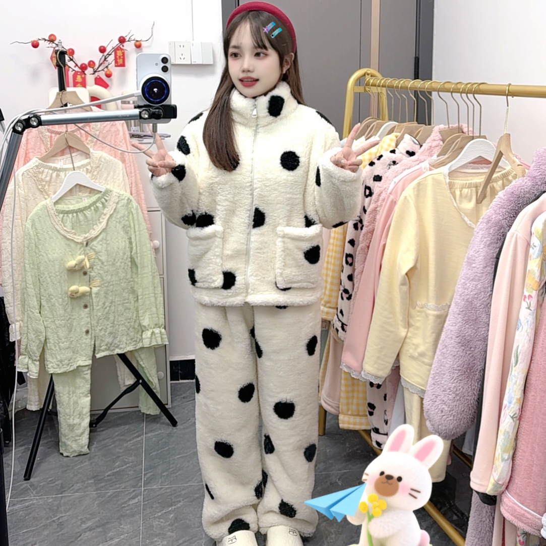 140-158小个子波点家居套装睡衣可外穿加绒加厚舒棉绒秋冬款