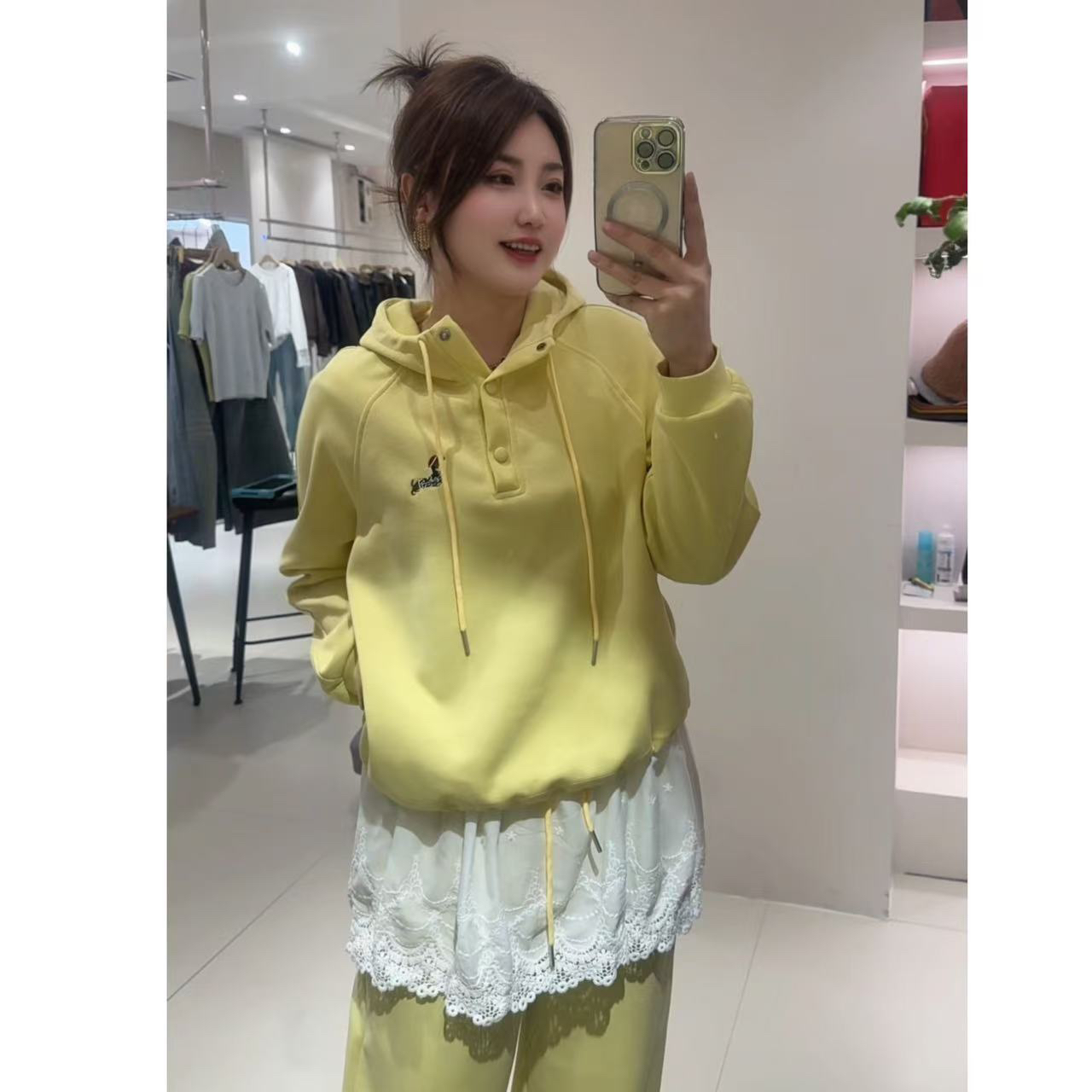 （洺语定制）拼接蕾丝连帽卫衣休闲裤时尚套装女春季盐系穿搭