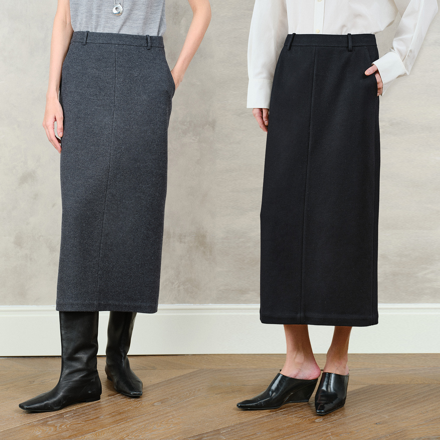 MARIUS显瘦实穿 简约随配轻柔保暖美利奴双面羊毛呢直筒半裙女