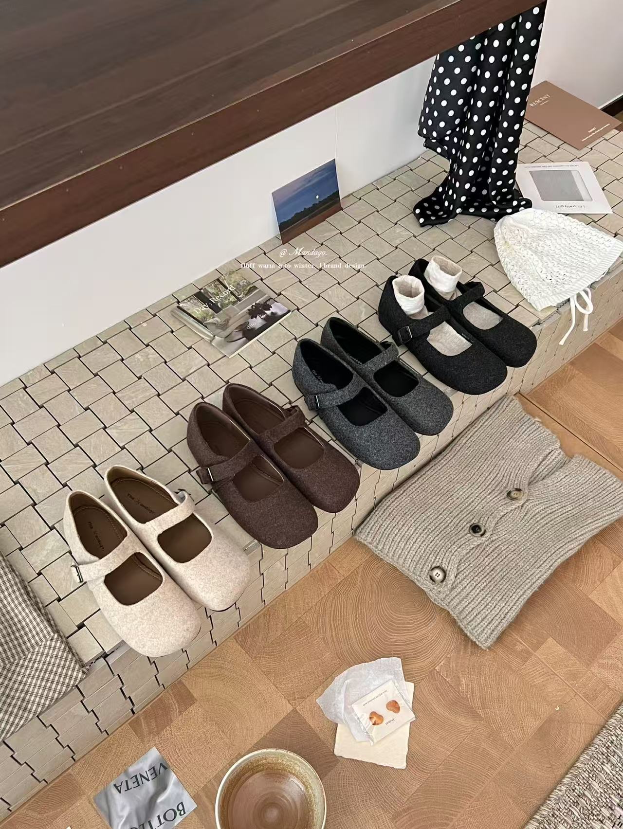 MANDAGO 689-2芒大果方圆头毛呢玛丽珍休闲日常百搭韩系小单鞋