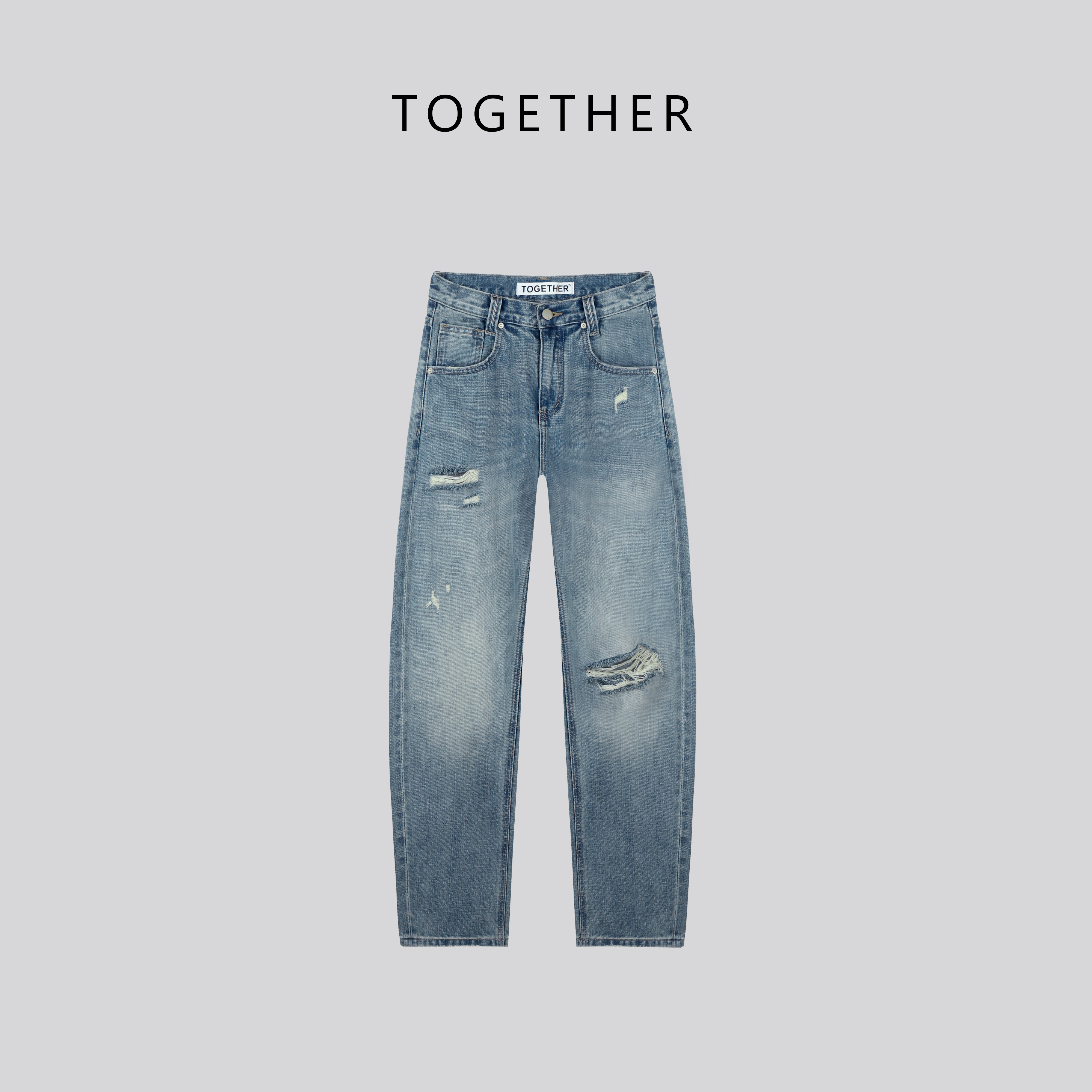TOGETHER DW STUDIOS春款破洞百搭弯刀裤哈伦牛仔裤#W8012