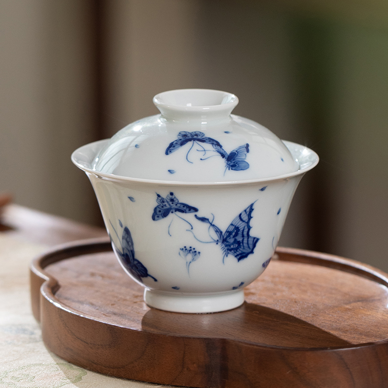 一思堂 景德镇手工陶瓷青花手绘百蝶纹盖碗泡茶器小盖碗蝶恋花