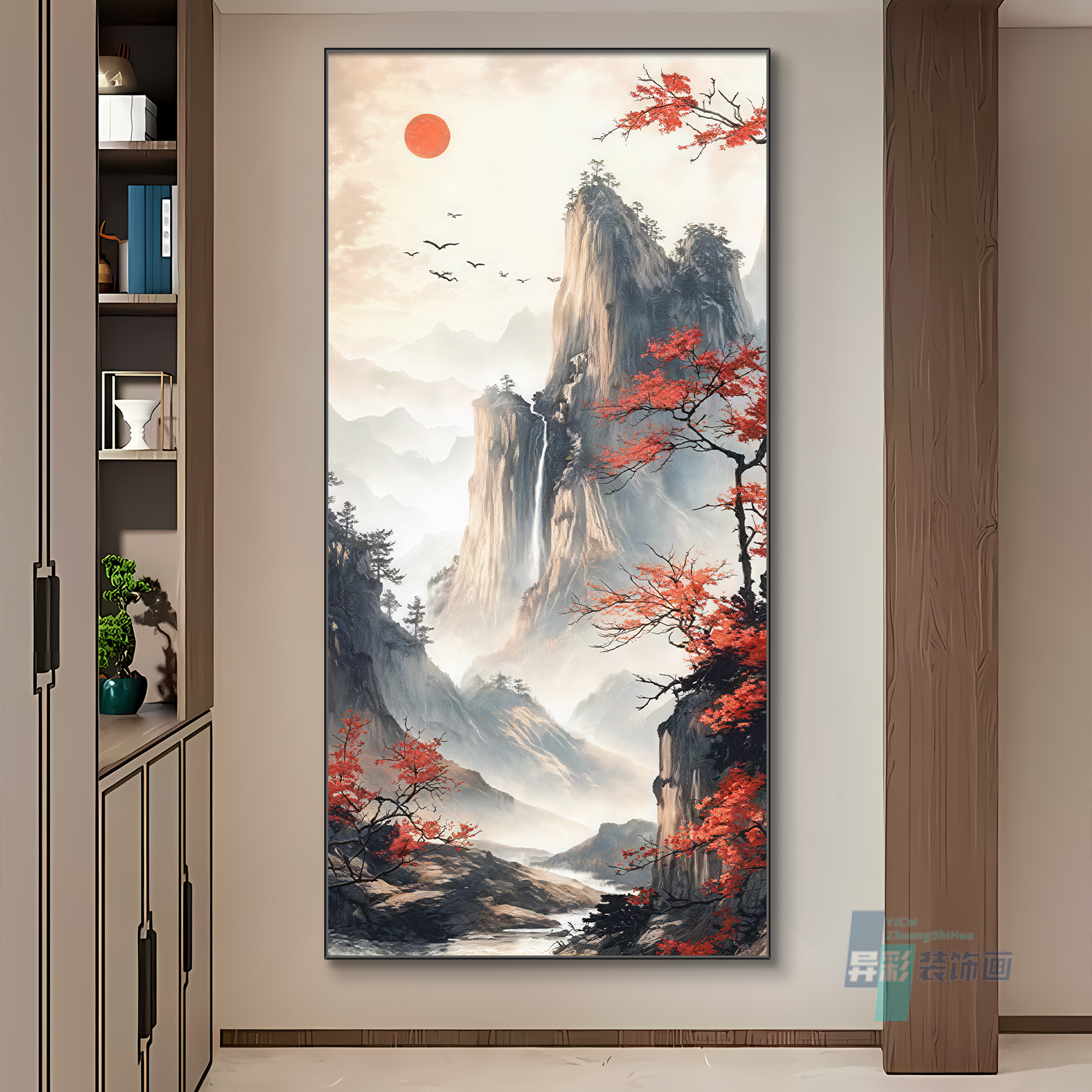 鸿运当头山水画新中式入户走廊过道装饰画瀑布高山流水高档墙壁画