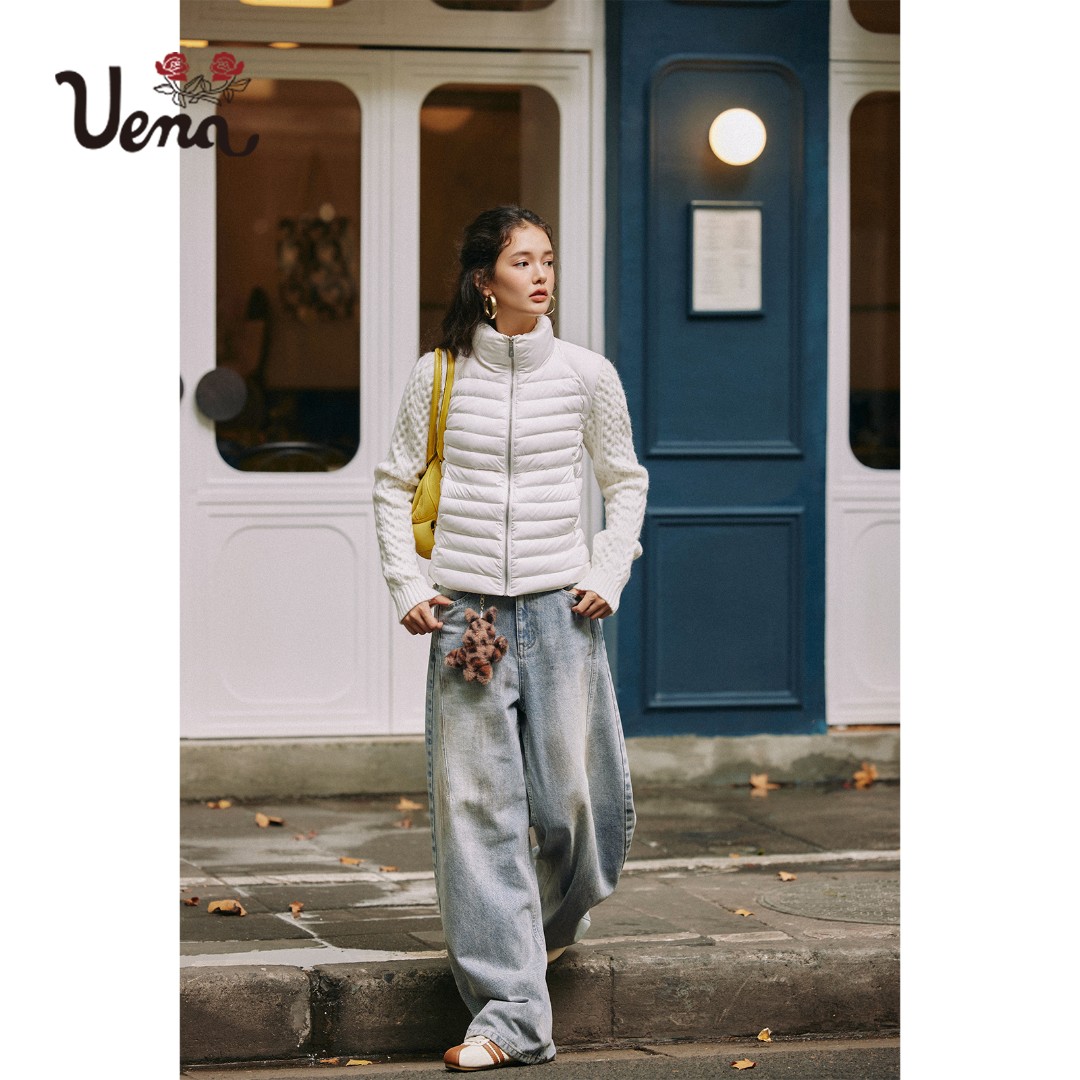 【月色甜心】Uena白色立领收腰修身肌理感重工麻花针织羽绒服外套