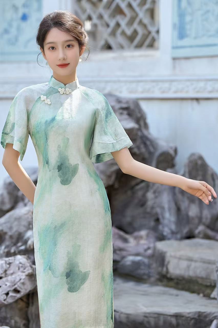 264-绿色 落肩袖 年轻 改良 旗袍