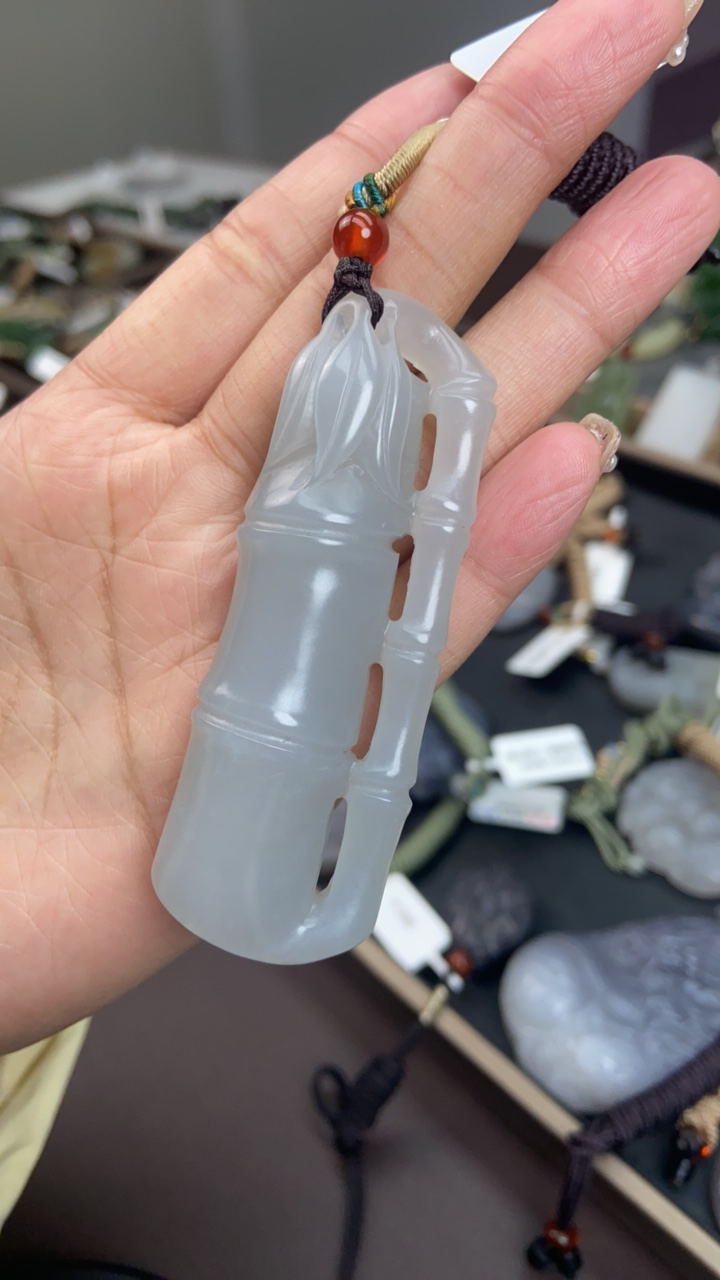 和田玉烟紫竹节吊坠挂件