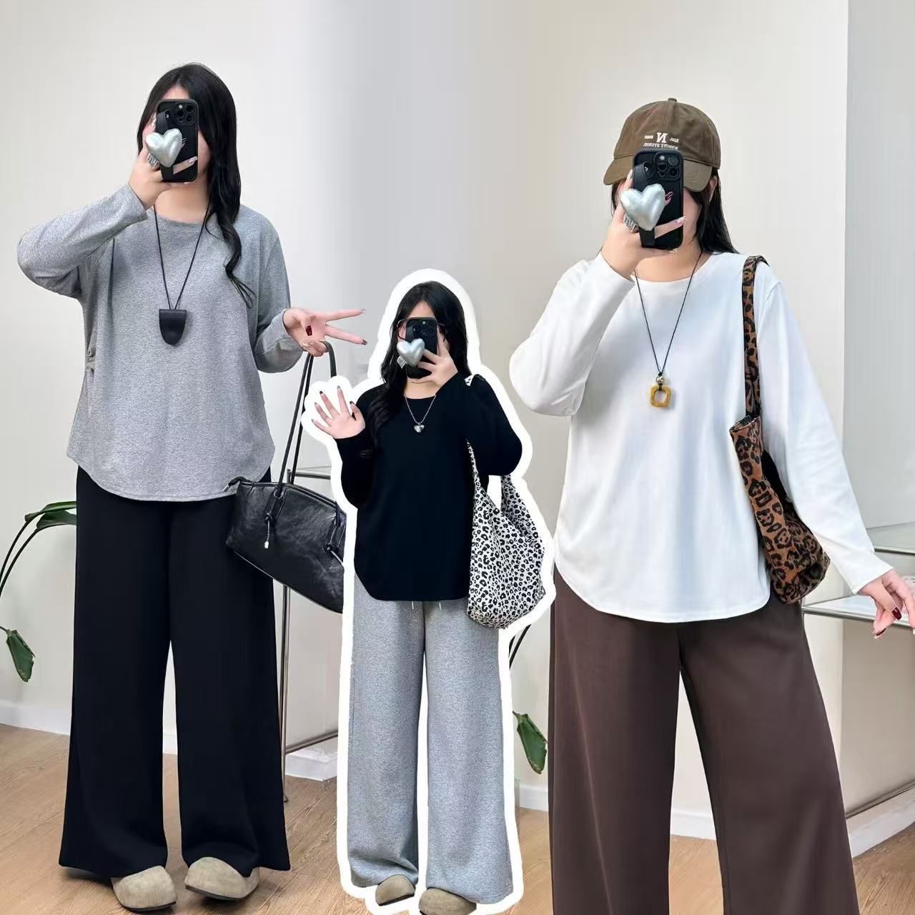 大码秋冬季光板纯色宽松显瘦圆领长袖打底衫女休闲百搭上衣T