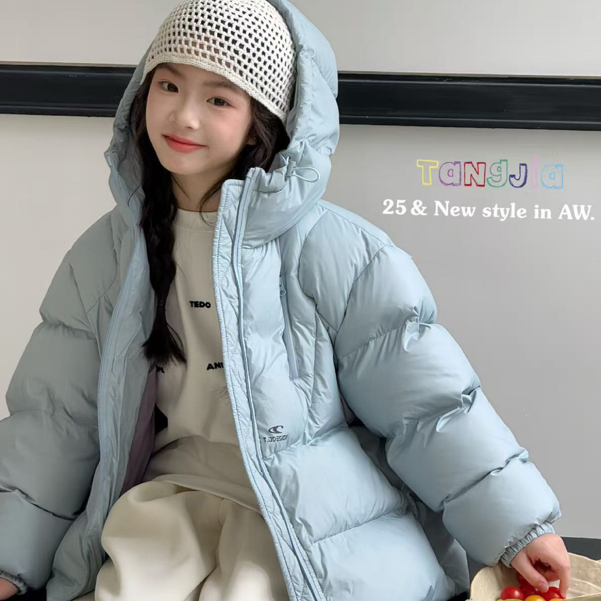 新款TJ冬款2528高货男童女童时尚休闲连帽白鸭绒羽绒服
