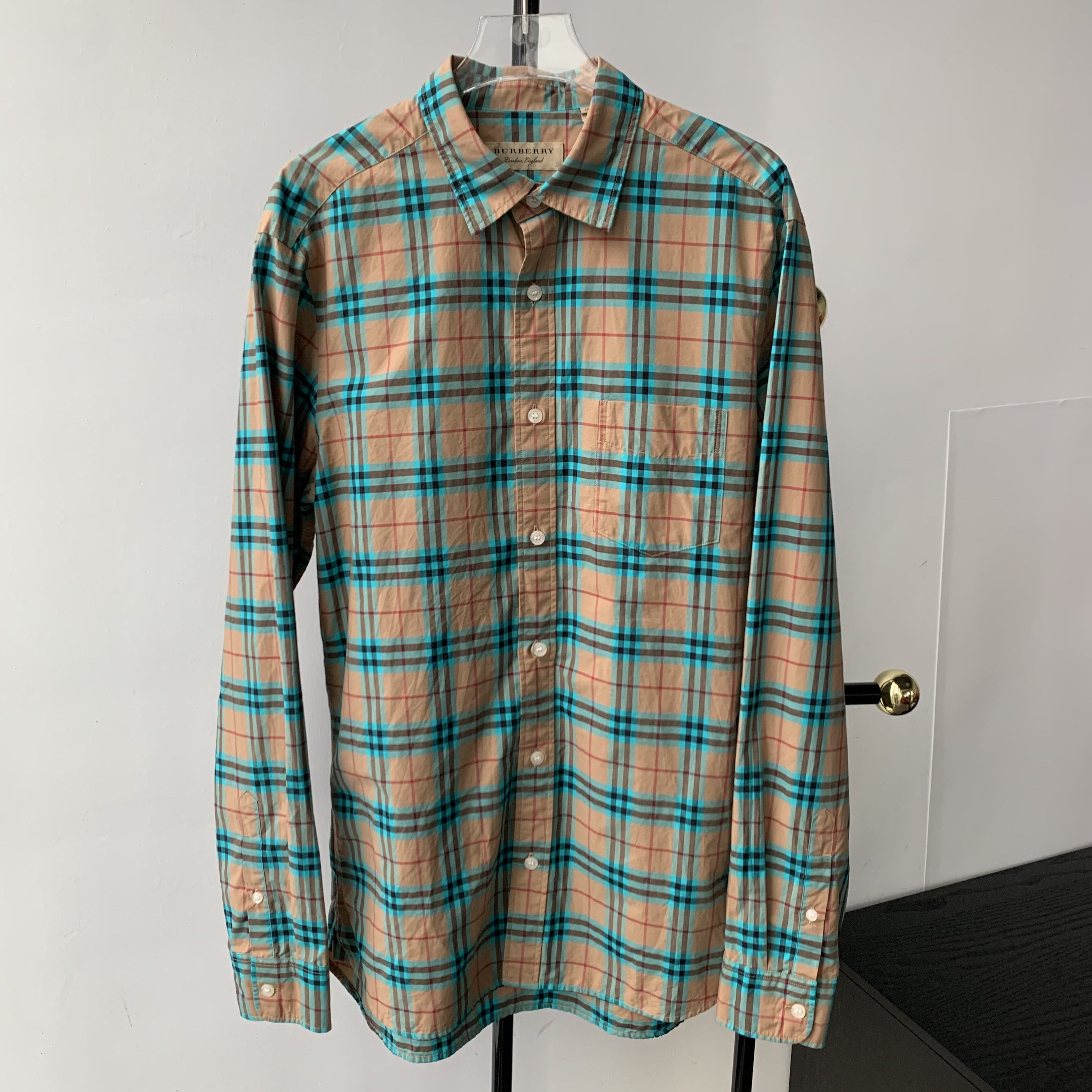 99新 BURBERRY/博柏利 男士黄色格子长袖衬衫180/92A