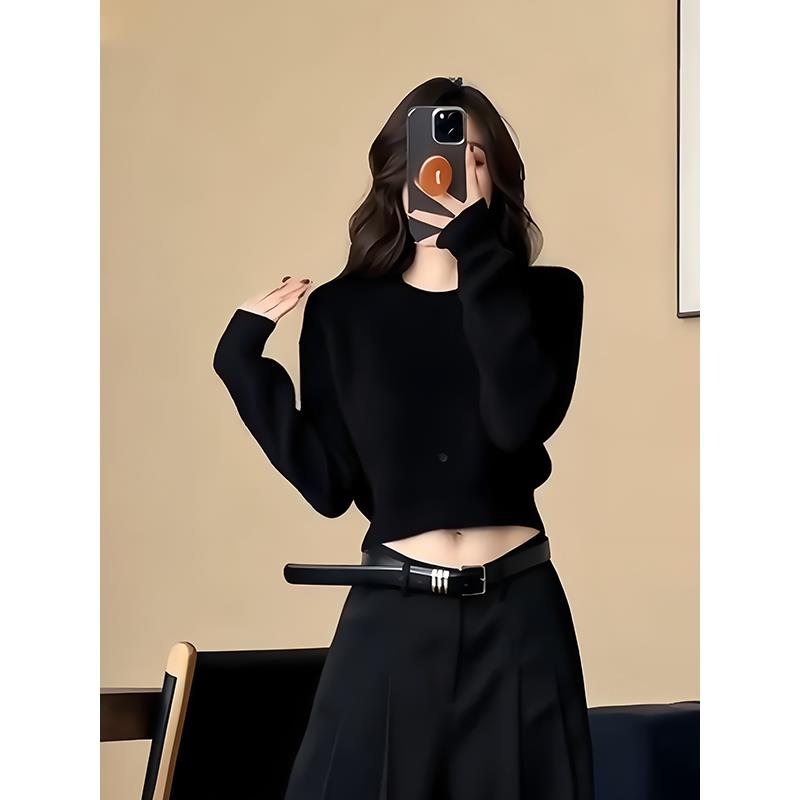 .时尚简约黑色圆领长袖针织衫毛衣女秋季新款气质收腰显瘦短款上.