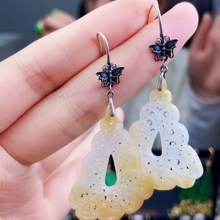 翡翠耳饰银S925镶嵌饰品