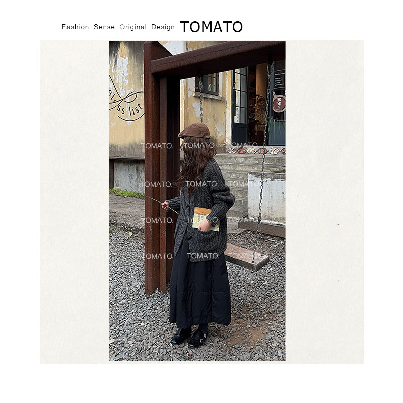 TomaTo-秋冬韩系100羊毛立领小众设计慵懒风毛衣针织外套63324
