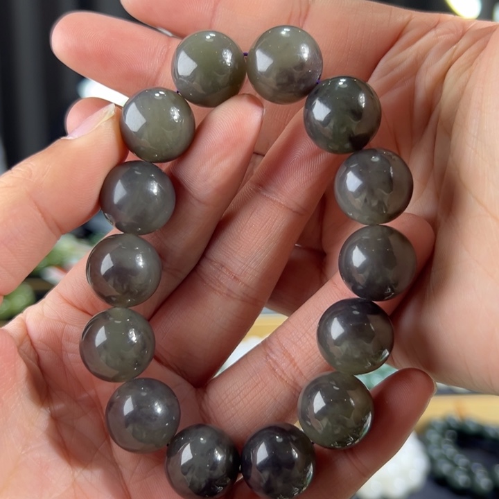 和田玉手串未镶嵌青海浓烟紫卡15➕圆珠