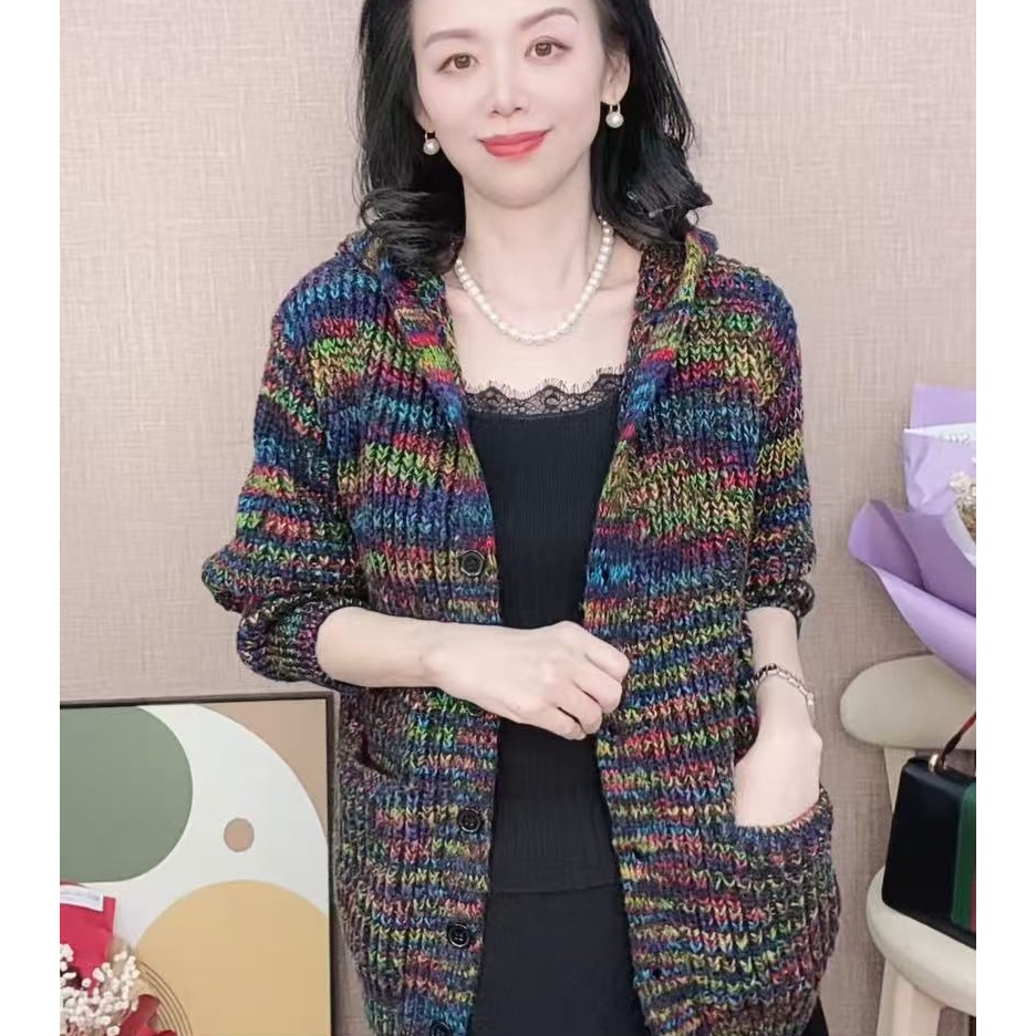秋冬加厚毛衣外套新款彩豆宽松连帽长袖开衫保暖针织毛衣外套女
