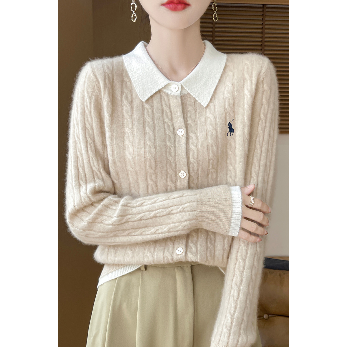 2025美爆了针织POLO领女条纹翻领女士衫时尚女士大气羊毛衫