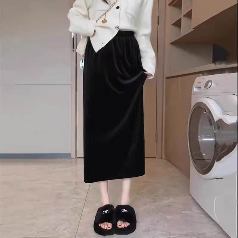 【沐禾】秋冬气质优雅半身加绒丝绒裙 裙长90 M25108