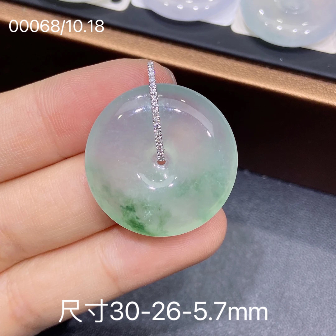 天然缅甸A货翡翠冰种18K金镶嵌飘绿花平安扣吊坠精美百搭气质Z