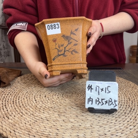 紫砂花盆柴烧手绘花鸟双线切角四方0883