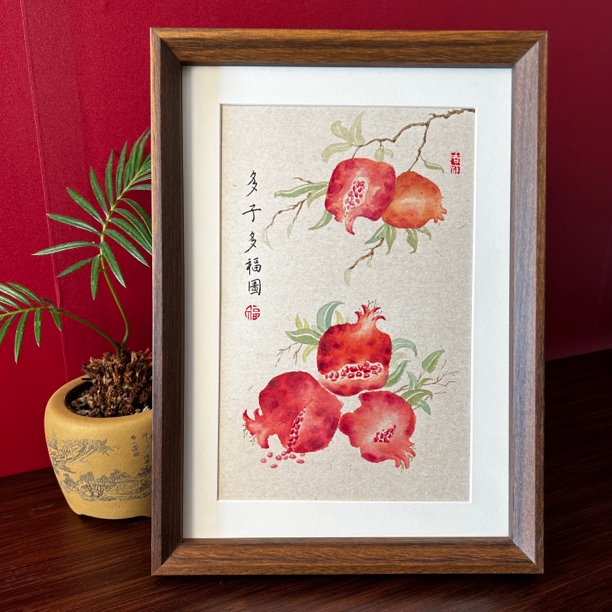 多子多福石榴  A4纯手绘国画摆台