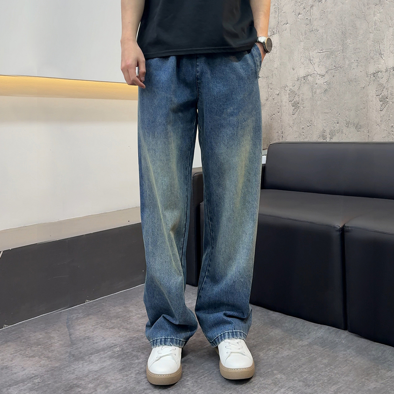 重磅雪花洗蓝色牛仔裤男秋冬宽松直筒休闲男裤春秋拖地裤美式长裤