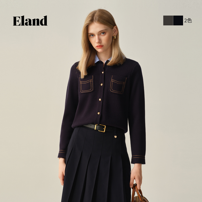 Eland衣恋毛针织衫女甜美娃娃领假两件短款开衫EECKF89S02