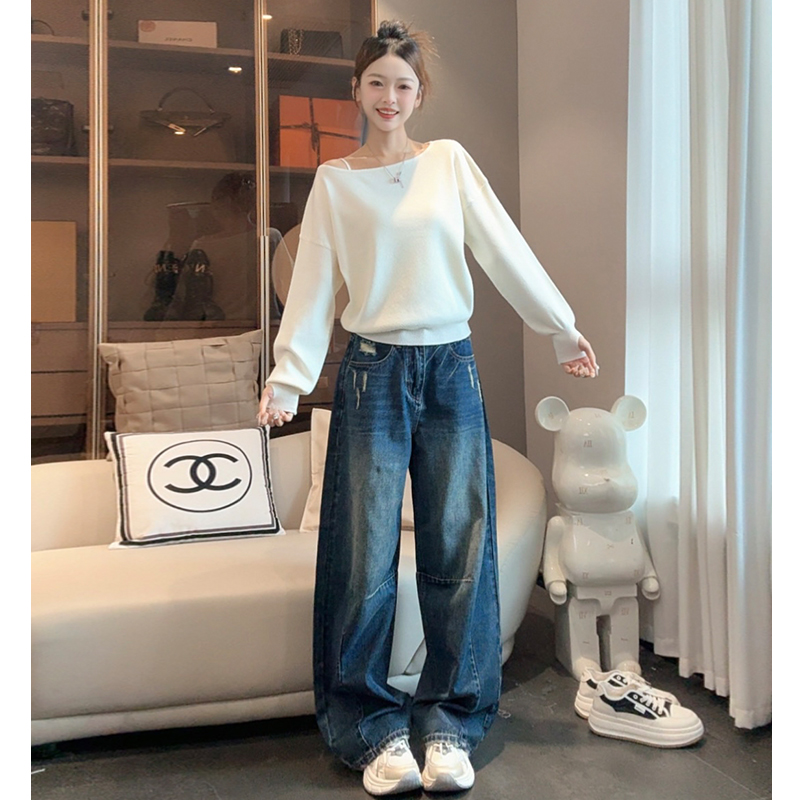 0839蓝色弯刀阔腿牛仔裤女早秋季2025年新款高腰宽松直筒休闲裤