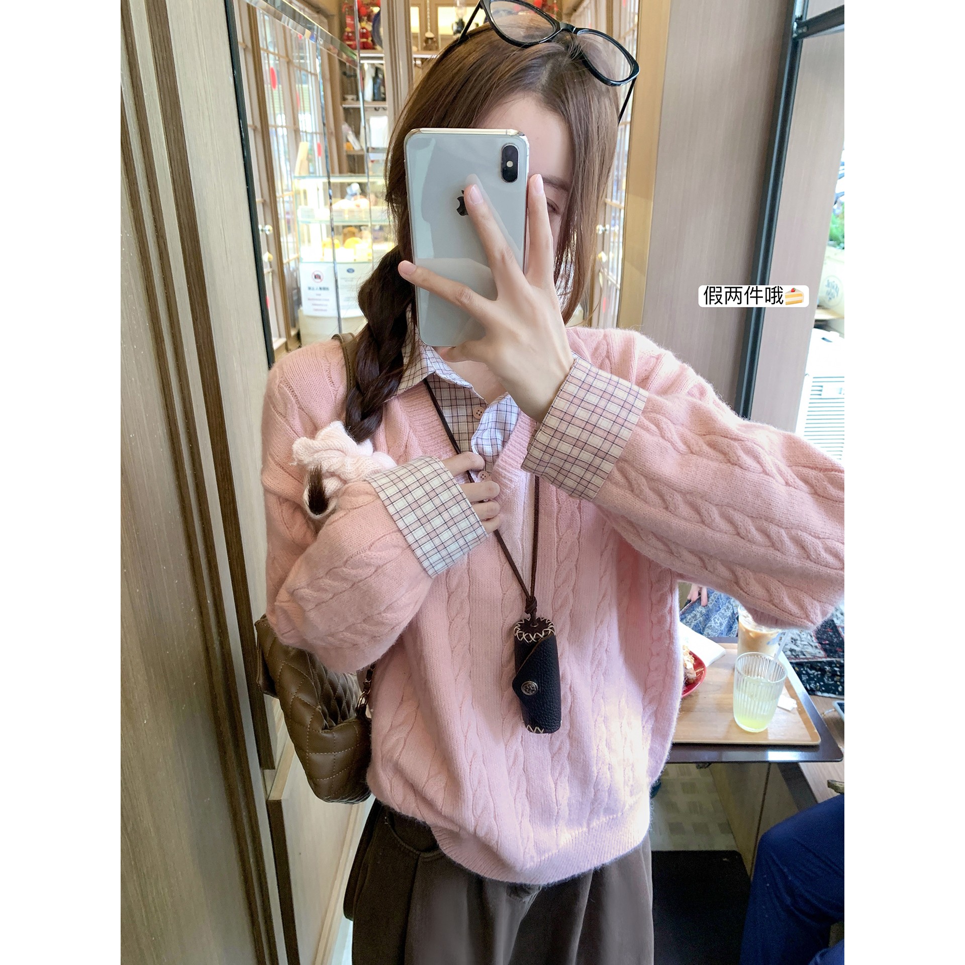 假两件格子拼接polo领长袖针织衫女2025秋冬新款甜美宽松粉色毛衣