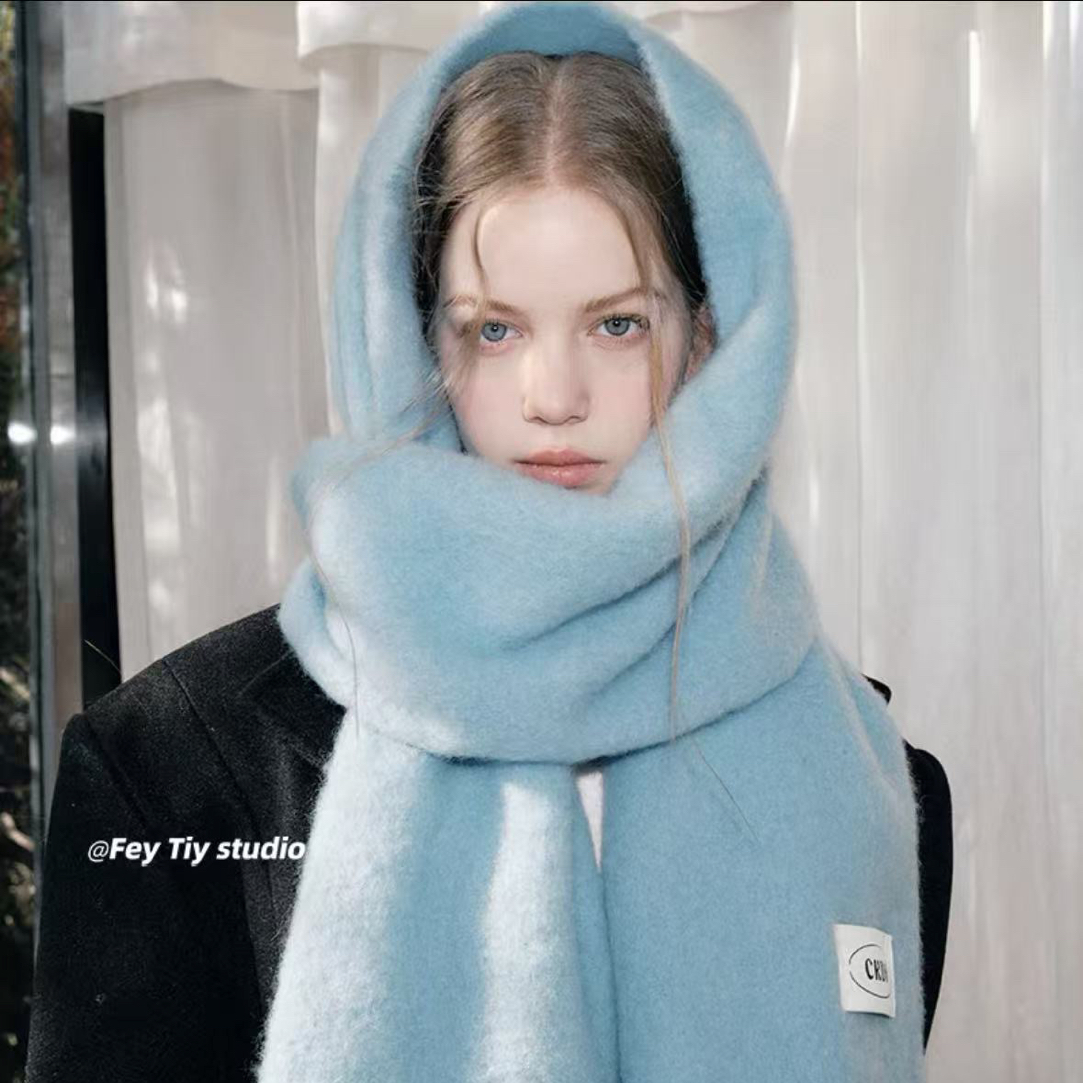 蓝色韩系氛围感围巾冬季加厚保暖百搭披肩围脖