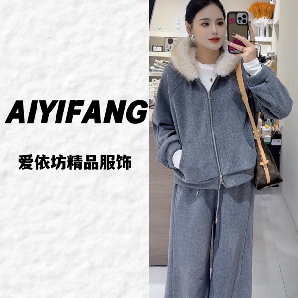 （爱依坊）秋冬韩系毛领连帽加绒加厚卫衣外套阔腿裤两件套显瘦套装