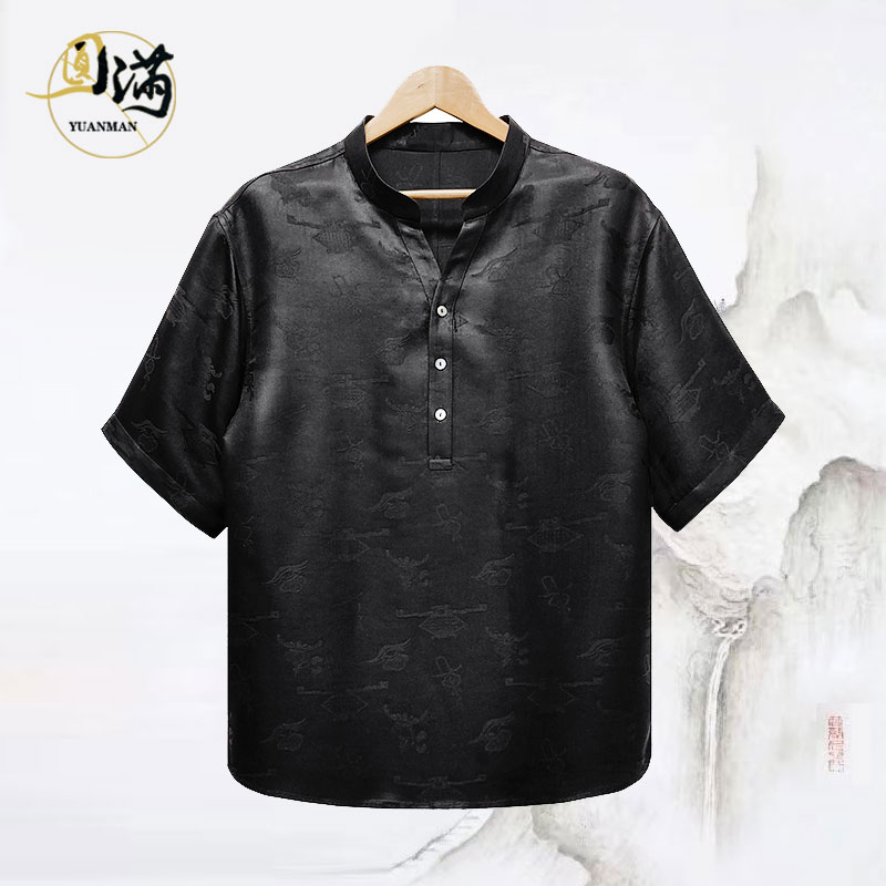 [万事亨通]圆满香云纱桑蚕丝重缎提花立领小V领短袖上衣TX5626