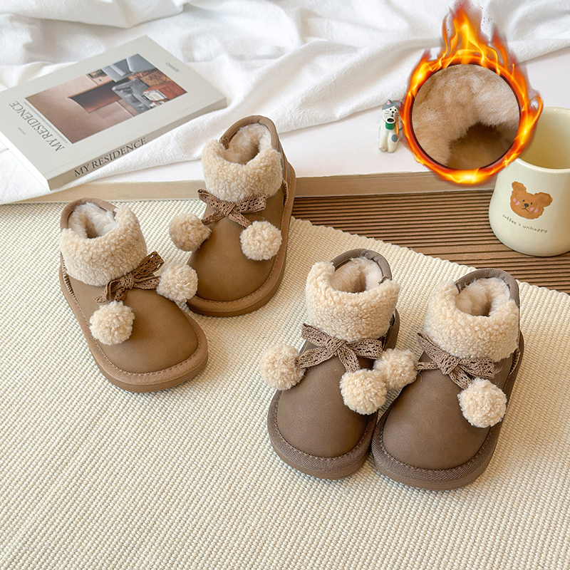 女童可爱蝴蝶结毛球冬季2025新款儿童中大童加绒加厚雪地靴3003