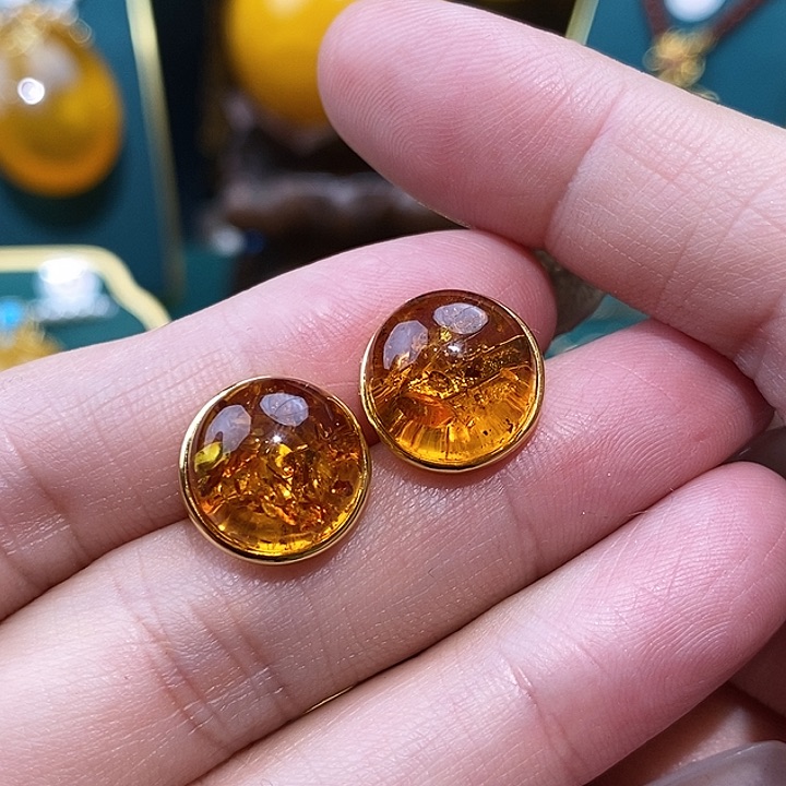 琥珀（花珀）耳饰银S925镀金镶嵌