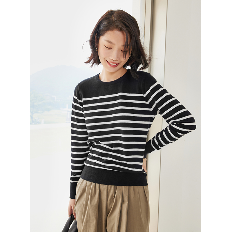 素典年中清仓【891】针织衫女秋冬圆领长袖条纹打底衫洋气短款套头