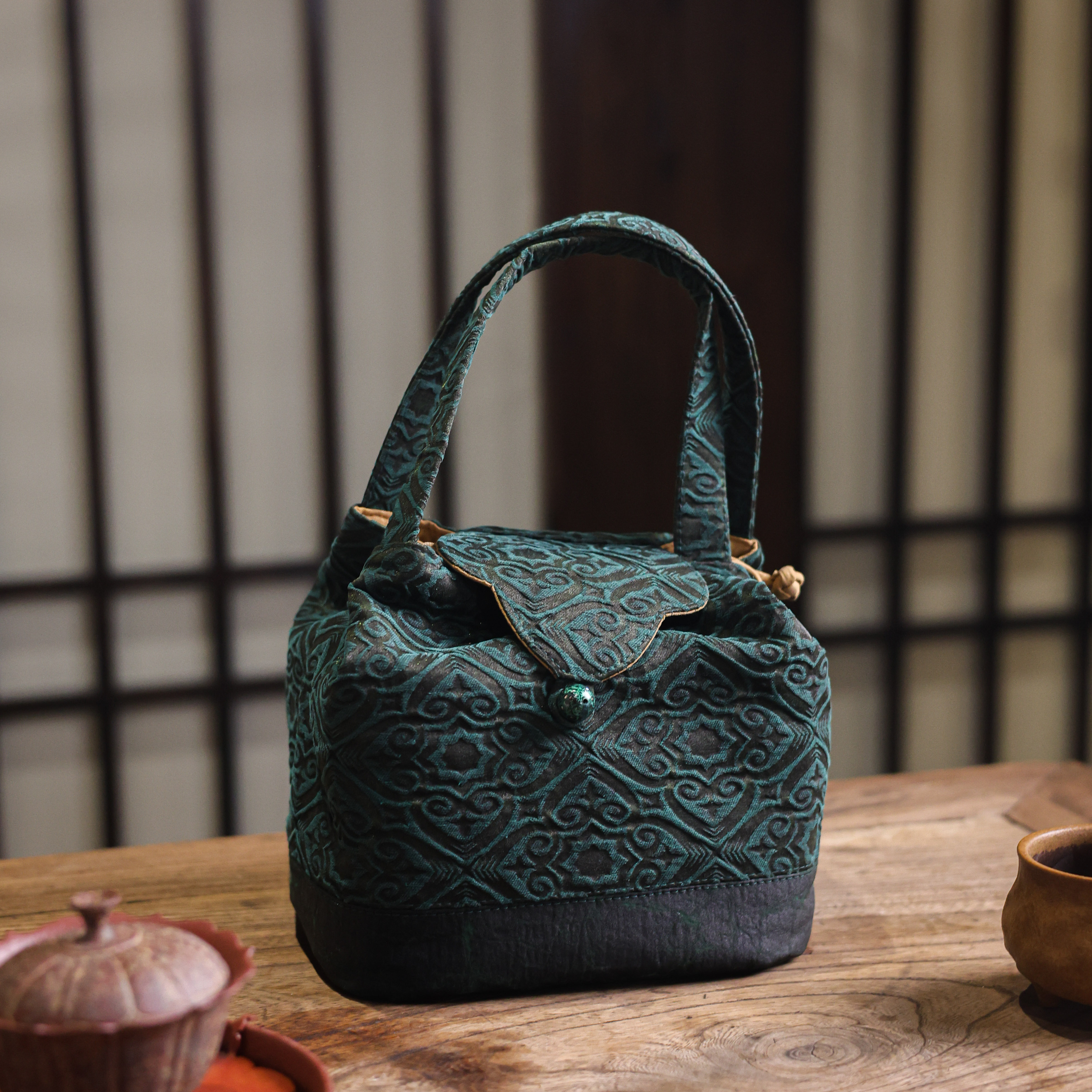 【悦生活】<四合如意纹>绿色香云纱如意茶事包（慢蓝S0719）