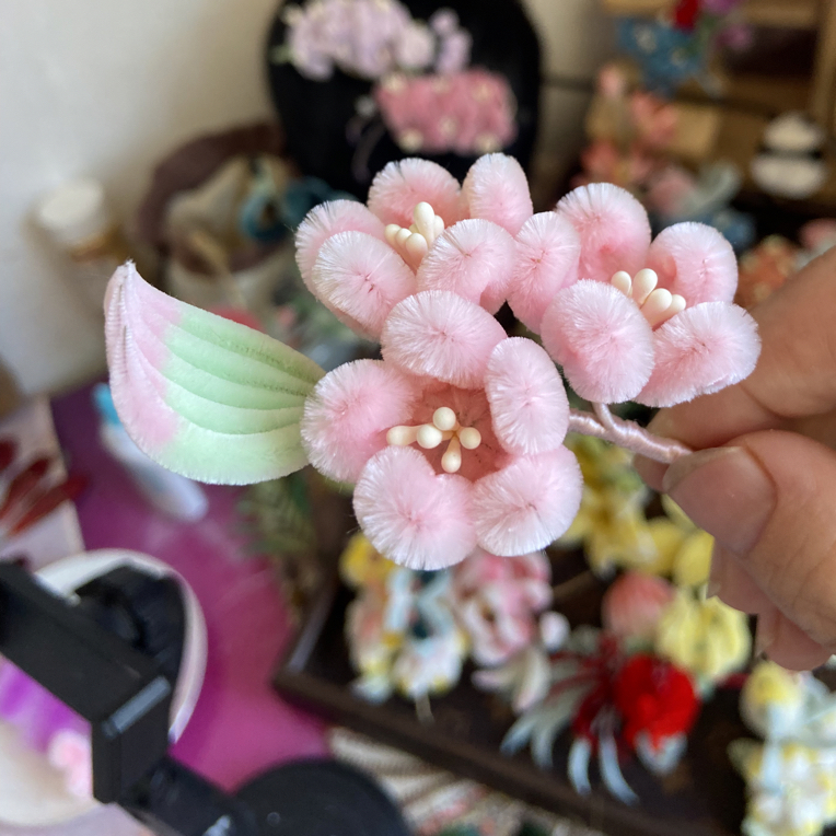 非遗绒花胖绒桃花手工制作