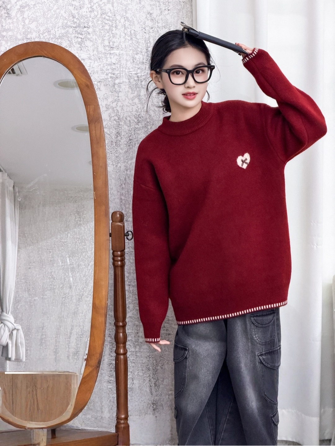 少女学院风圆领毛衣女款2025秋冬季宽松慵懒风针织毛衣QSXZ-1006